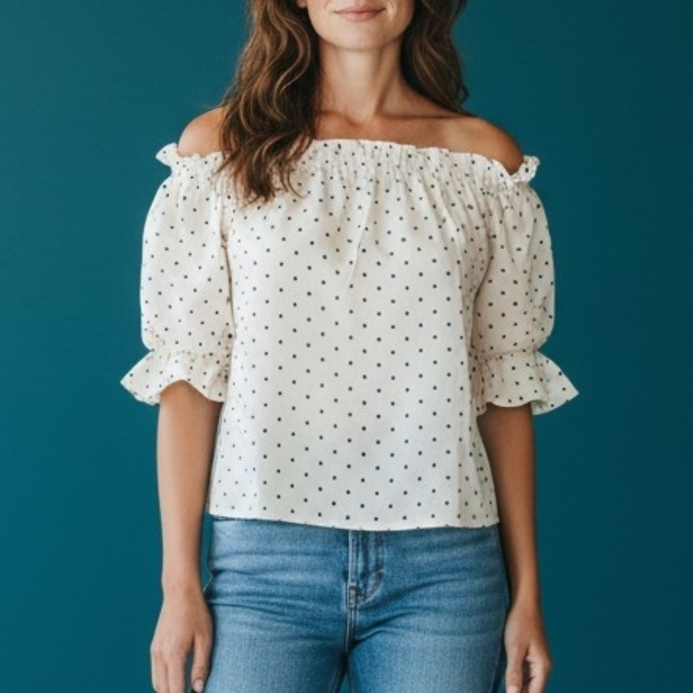 ALYTHA Polka Dot Off Shoulder Cropped Puff Sleeve Gasparilla Castlecore Blouse